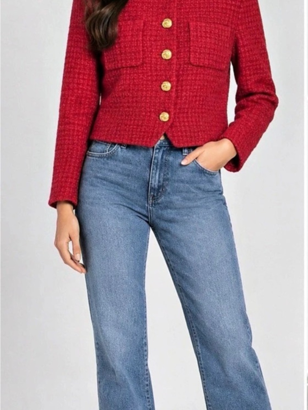Donna Karan NWT Red Tweed Cropped Jacket 14 Gold Button Blazer Wool Blend $189